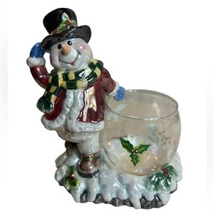 Snowman Candle Holder Votive Vintage Winter Christmas Holly Berry Decoration